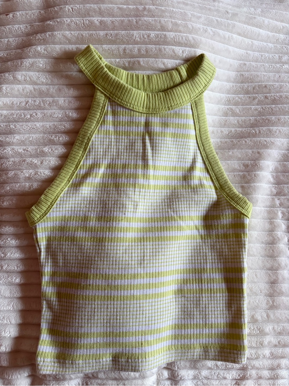 American Eagle Outfitters Striped Ribbed Halter Tank in Light Lime & Cream